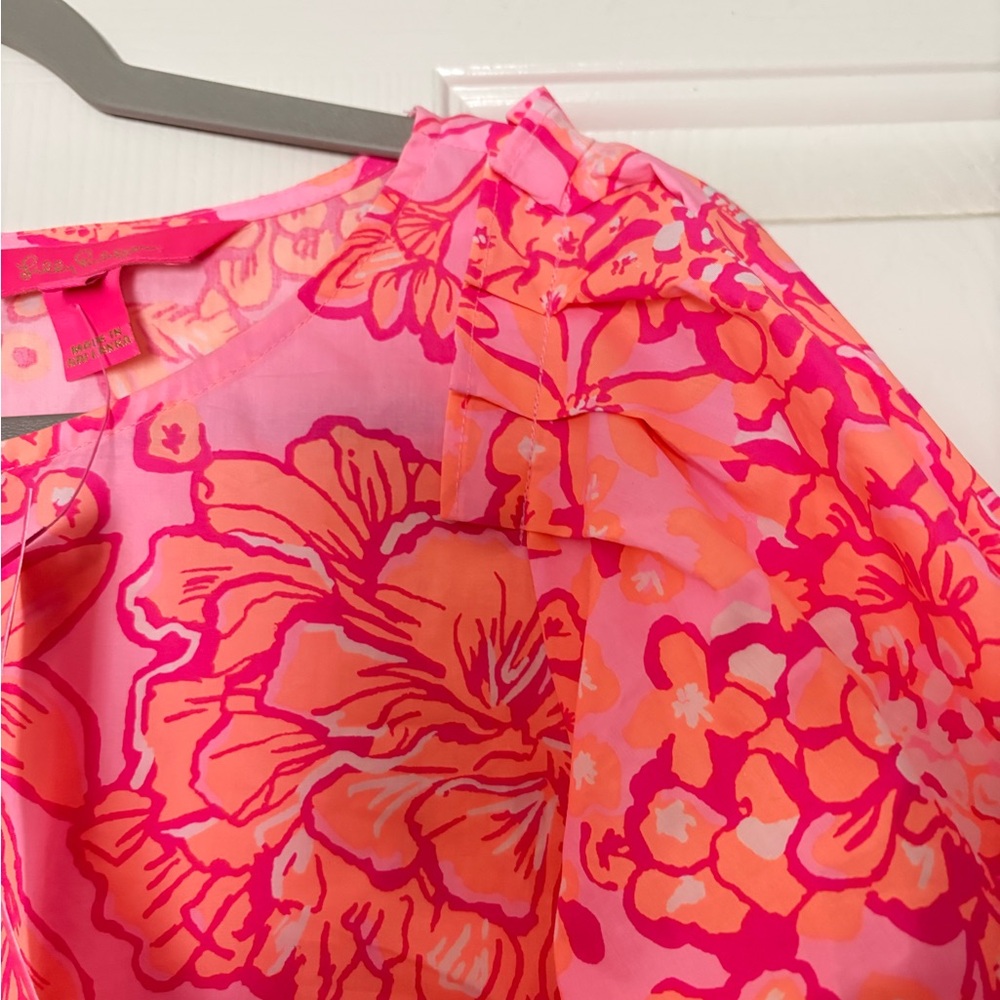 NWT Lilly Pulitzer Pink and Orange Floral Barbara Puff 3/4 Sleeve Blouse size L - Picture 6 of 7